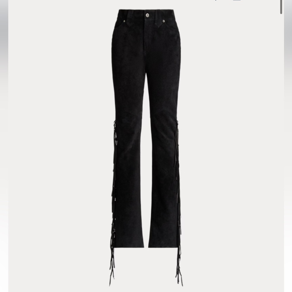 Ralph Lauren Maryel Fringe-Trim Calf-Suede Pant black. NWT!! Purple tag!
